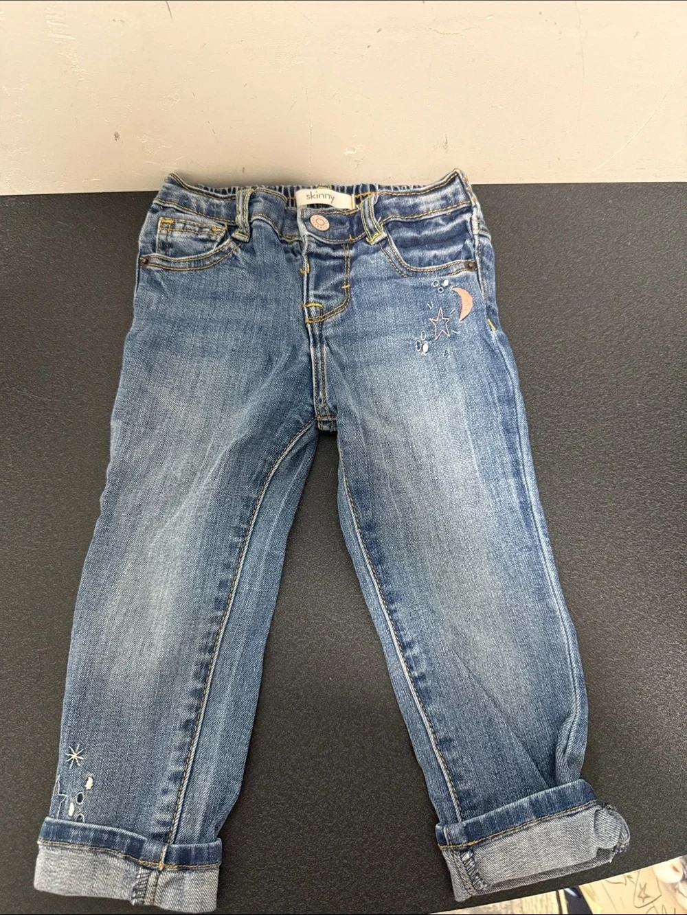 Girls Skinny Blue Jeans with Moon & Star Embroidery